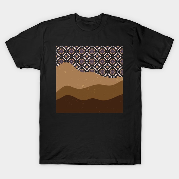 Contemporary abstract landscape mountains and hills with geometric seamless pattern background digital design illustration T-Shirt by My Black Dreams